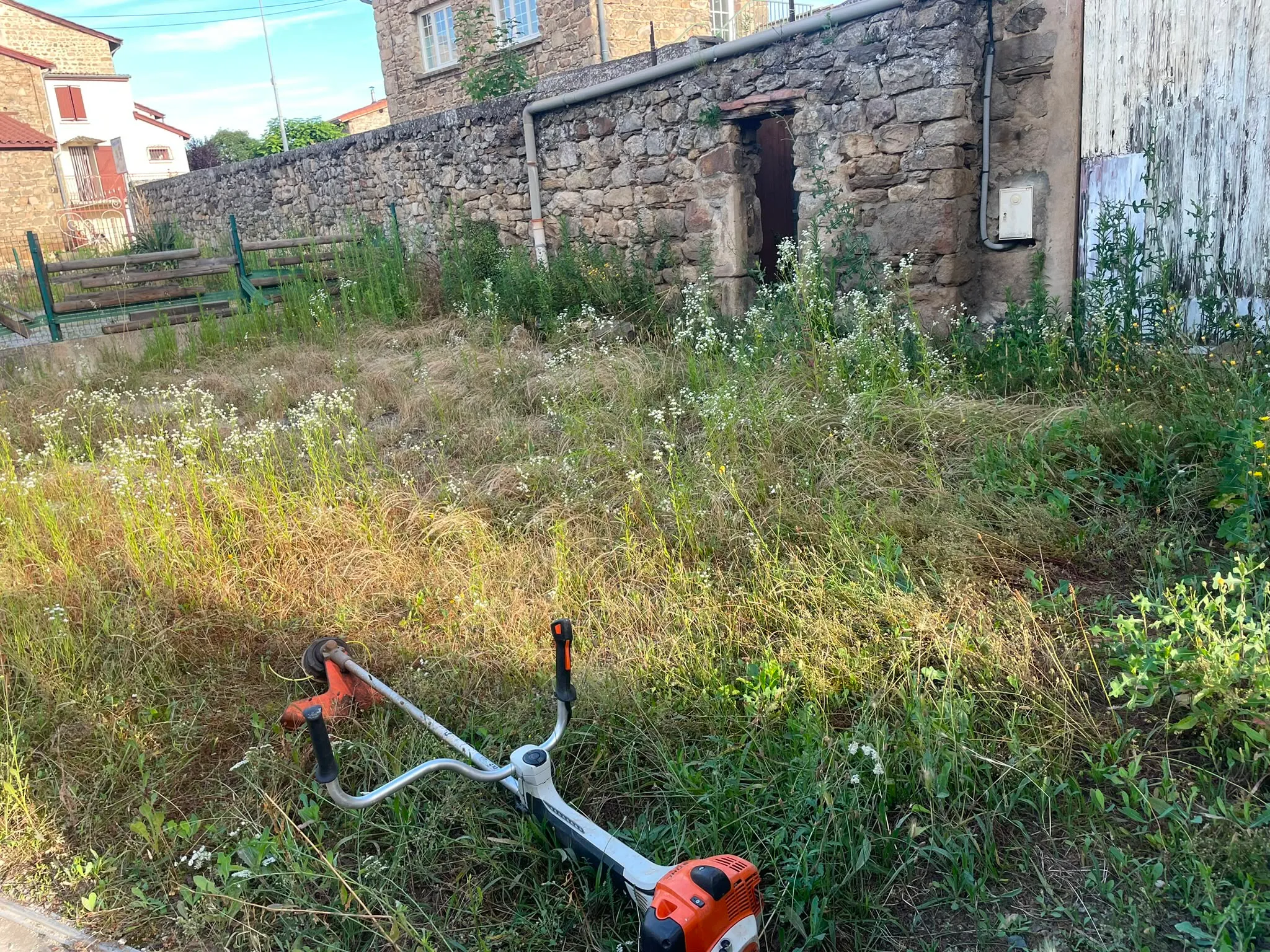Débroussailleuse professionnelle utilisée par Jardélie pour nettoyer un terrain envahi par la végétation